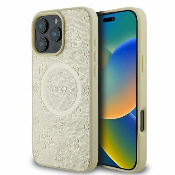 Guess telefontaske til iPhone 16 Pro Magsafe Saffiano Peony Classic Logo Guld