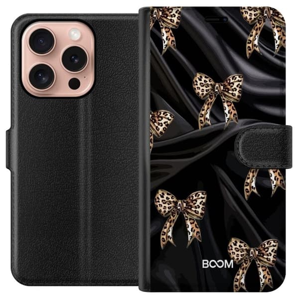Lompakkokotelo Apple iPhone 16 Pro -puhelimelle Leopard Bow -kuosilla