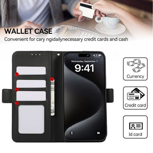 ABEEL iPhone 16 Plånboksfodral RFID-Skydd Konstläder Svart