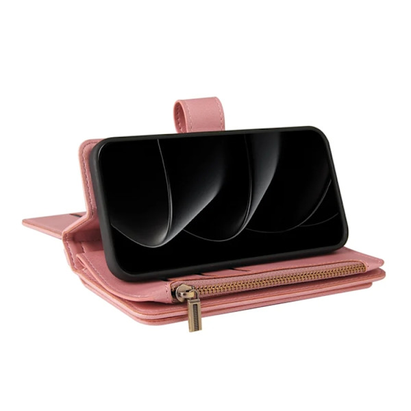 iPhone 17 Pro Konstläder Plånboksfodral Zipper Rem Rosa