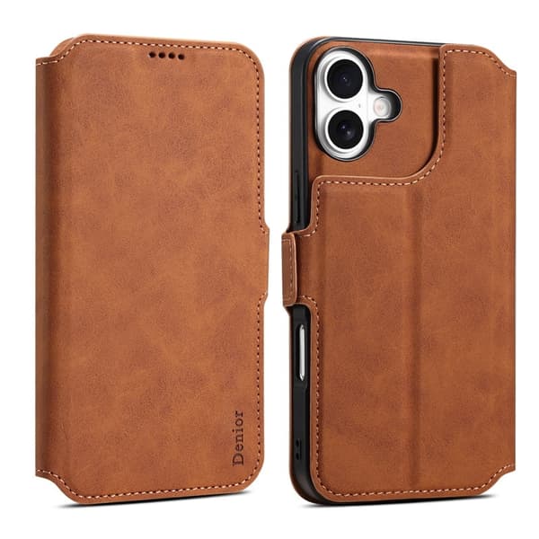 DENIOR B06 iPhone 16 Plus Plånboksfodral Magnetiskt Avtagbart Konstläder Brun