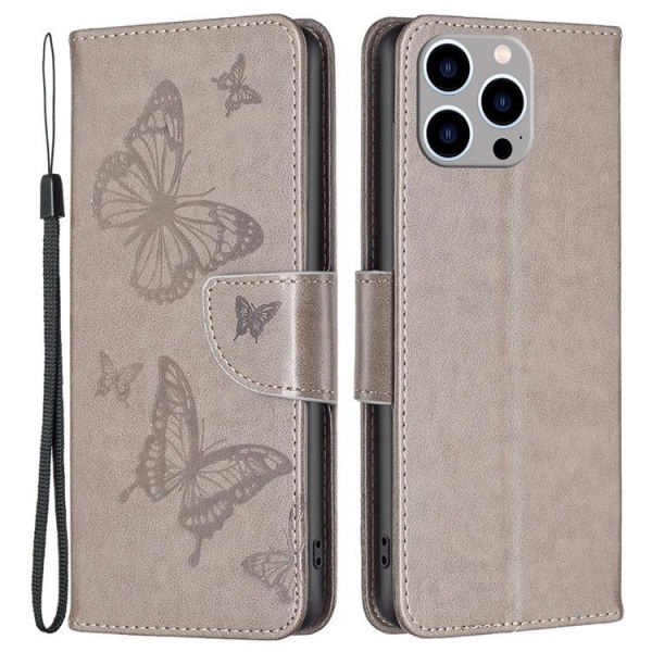 iPhone 14 Pro Max -lompakkokotelo, perhoset painettu - harmaa