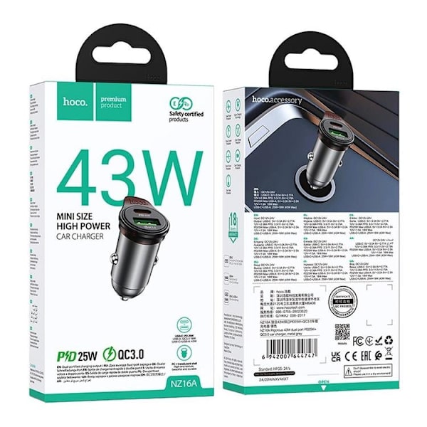 HOCO Billaddare USB-A/USB-C 43W USB-C/Lightning Kabel PD QC Grå