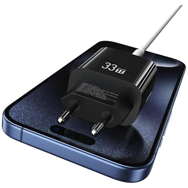 USAMS Hurtigoplader 33W 1xUSB-C 1xUSB-A CC317 - Sort Svart