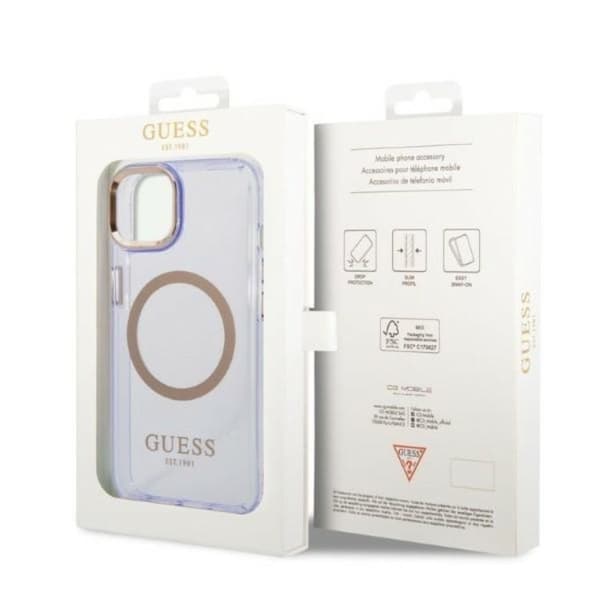 GUESS iPhone 14 Skal MagSafe Guld Outline Translucent - Lilla Lila