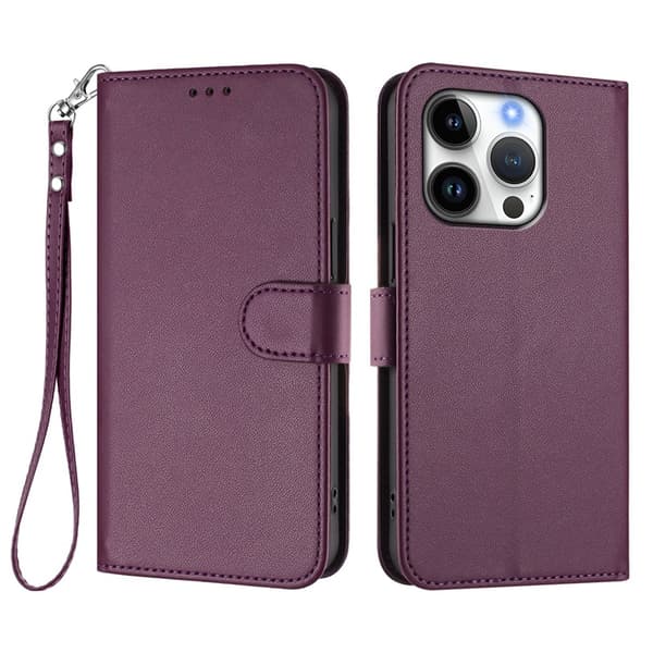 iPhone 15 Pro Max Plånboksfodral Läder med Handledsrem - Lila Lila