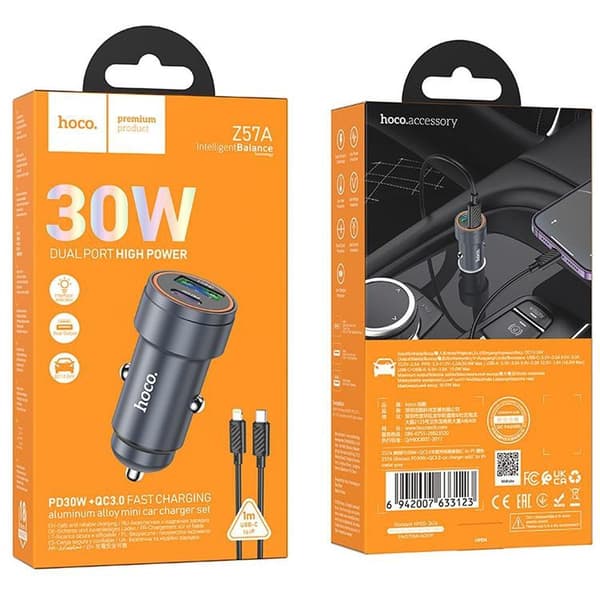 Hoco Biloplader 30W USB-C USB-A med Lightning-kabel Z57A - Sort Svart