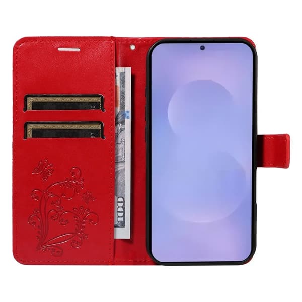 Samsung Galaxy S26 / S26 Pro Plånboksfodral Blommönster Konstläder - Röd