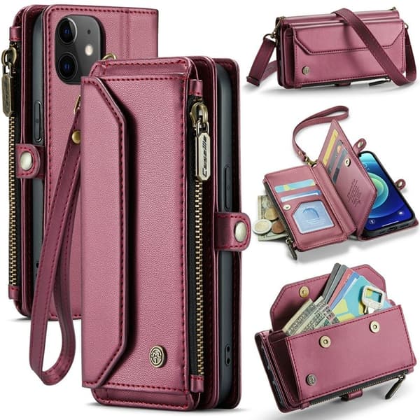 CASEME Plånboksfodral Konstläder för iPhone 12/12 Pro - Vinröd