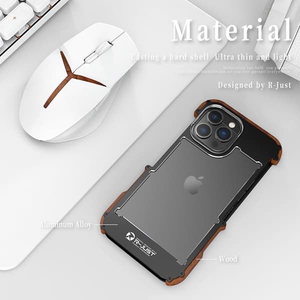R-JUST Mobilskal till iPhone 14 Pro i Trä + Aluminiumlegering Svart