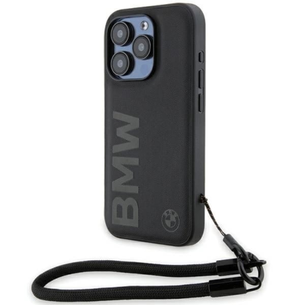 BMW iPhone 15 Pro Max -puhelimen suojakuori, nahkainen sanamerkkijohto