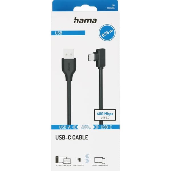 HAMA-kaapeli USB-A:sta USB-C:hen USB 2.0 480 Mbit/s 0,75 m - musta Black