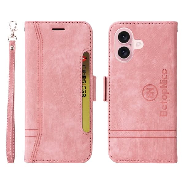 BETOPNICE 001 för iPhone 16 Plånboksfodral Konstläder - Rosa