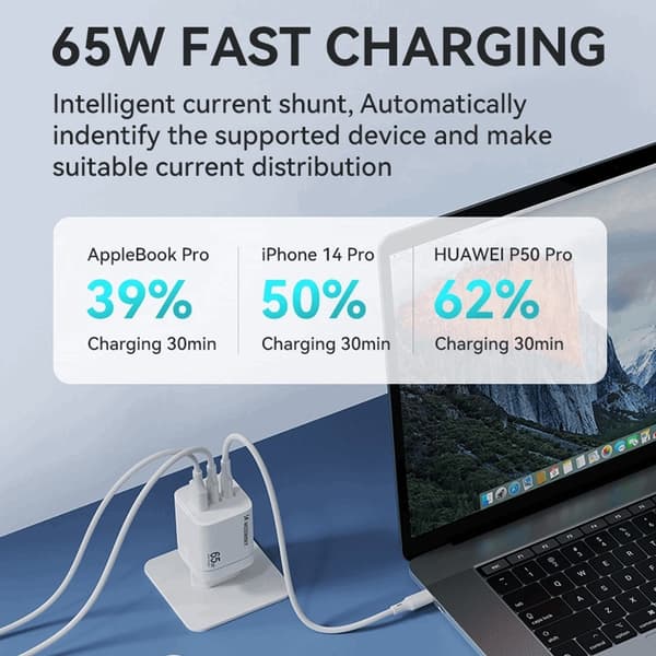 Wozinsky Väggladdare CGWCW 65W USB-A/2 x USB-C GaN - Vit Vit