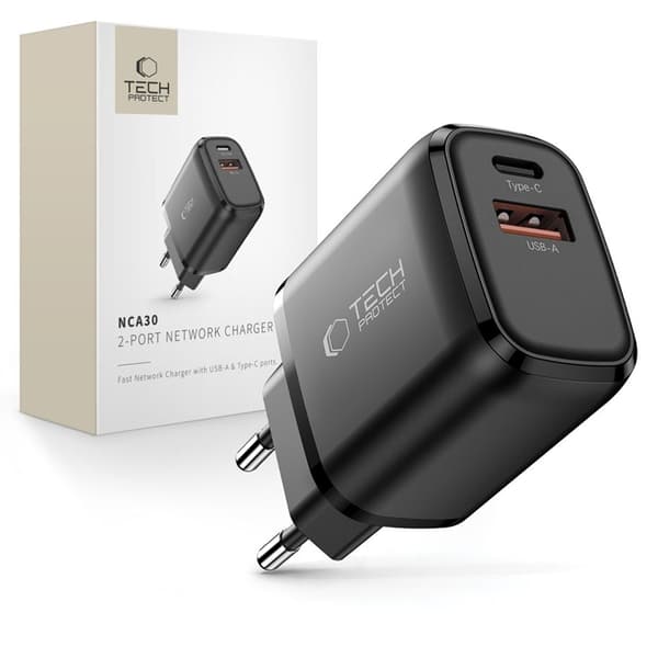 Tech-Protect Väggladdare Adapter USB-A/USB-C 30W - Svart Svart