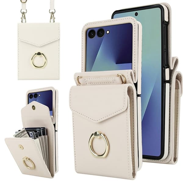 Galaxy Z Flip7 Plånboksfodral Litchi med Axelrem - Vit Vit