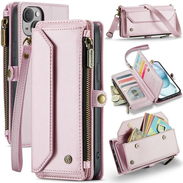 CASEME Plånboksfodral Konstläder till iPhone 15 Plus - Rosa med kortfack