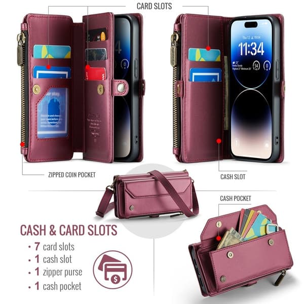 CASEME Plånboksfodral Konstläder till iPhone 14 Pro - Vinröd