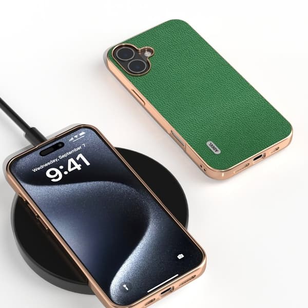 ABEEL Mobilskal till iPhone 16 Äkta Läder + PC + TPU Elektroplätering Grön