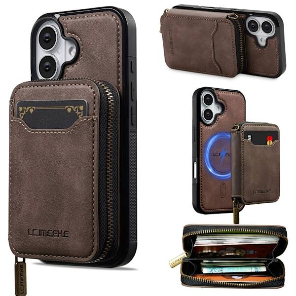 LC.IMEEKE L6 iPhone 16 Plus Plånboksfodral Konstläder - Brun