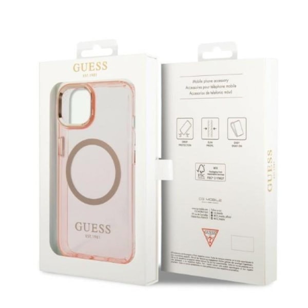 GUESS iPhone 14 Plus Skal MagSafe Gold Outline Translucent - Rosa
