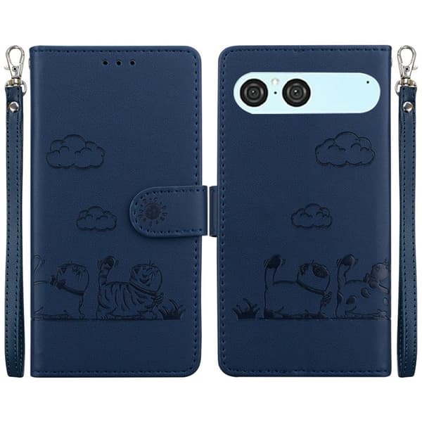 Sony Xperia 10 VII Konstläder Plånboksfodral RFID-Skydd Kattmotiv - Blå Blå
