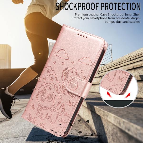 OnePlus 15 Konstläder Plånboksfodral RFID-Skydd Imprinted Dog Pattern Rosa