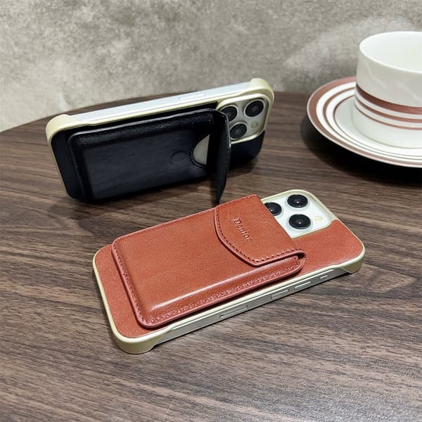 DENIOR Mobilskal till iPhone 16 Pro Magnetiskt Äkta Läder PC Ställ - Svart