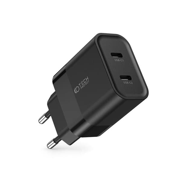 Tech-Protect 2-Port Väggladdare USB-C PD20W - Svart Svart