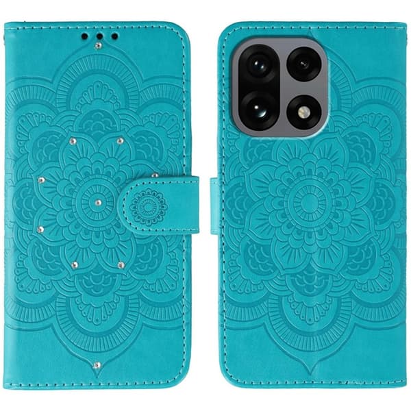 OnePlus 15 5G Konstläder Plånboksfodral Mandala Imprint Rhinestone - Blå Blå