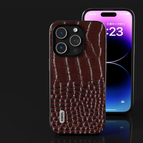 ABEEL Mobilskal till iPhone 15 Pro Max Äkta Läder Krokodil Textur - Brun
