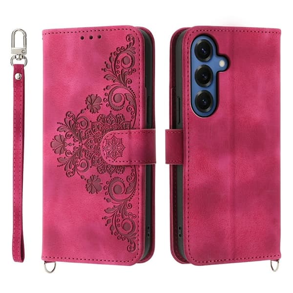 Samsung Galaxy S26 Plus Plånboksfodral Blommönster Konstläder - Vinröd