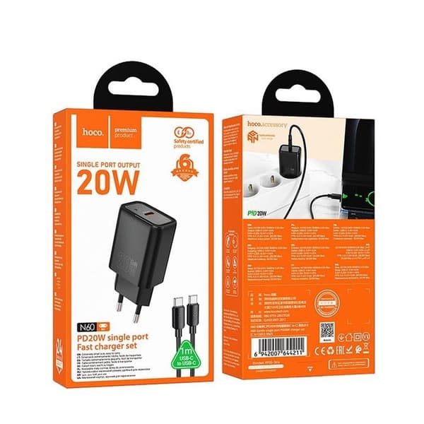 HOCO Väggladdare USB-C 20W USB-C/Lightning Kabel PD QC N60 Black