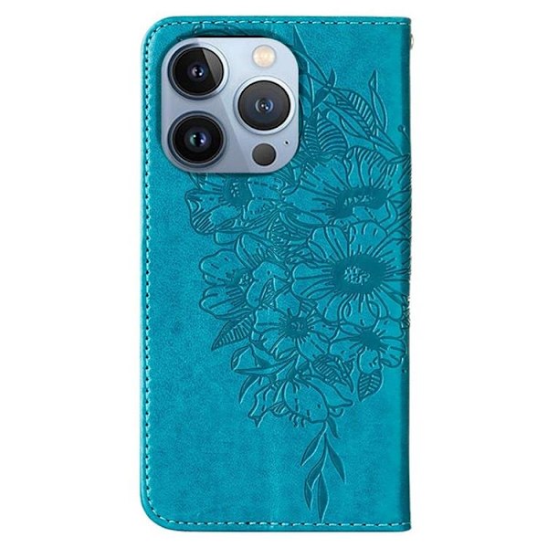 iPhone 14 Pro Max Plånboksfodral Butterfly Flower Imprinted - Blå