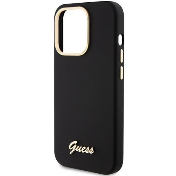 Guess Mobilskal till iPhone 15 Pro Max Silikon Script Metal Logo Svart