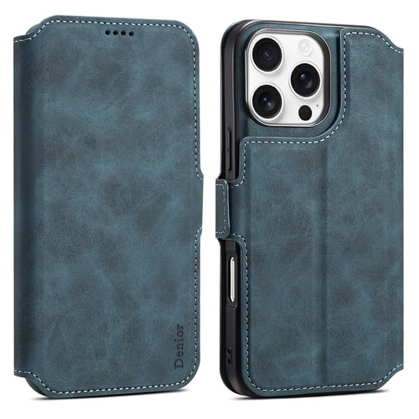 DENIOR B06 iPhone 16 Pro Plånboksfodral Magnetiskt Löst Konstläder Blå