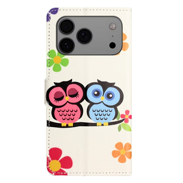 iPhone 17 Pro Plånboksfodral Pattern Print Konstläder - Par ugglor Vit