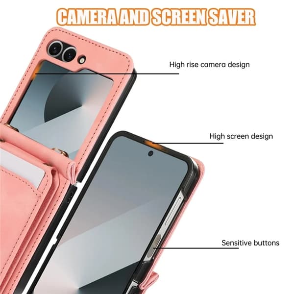 Galaxy Z Flip 7 Plånboksfodral Kickstand med Axelrem - Rosa Rosa