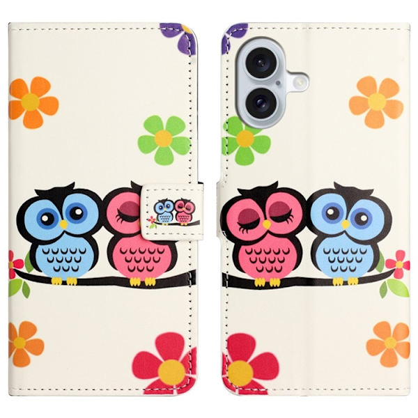 iPhone 17 Konstläder Plånboksfodral Pattern Print - Par ugglor Vit