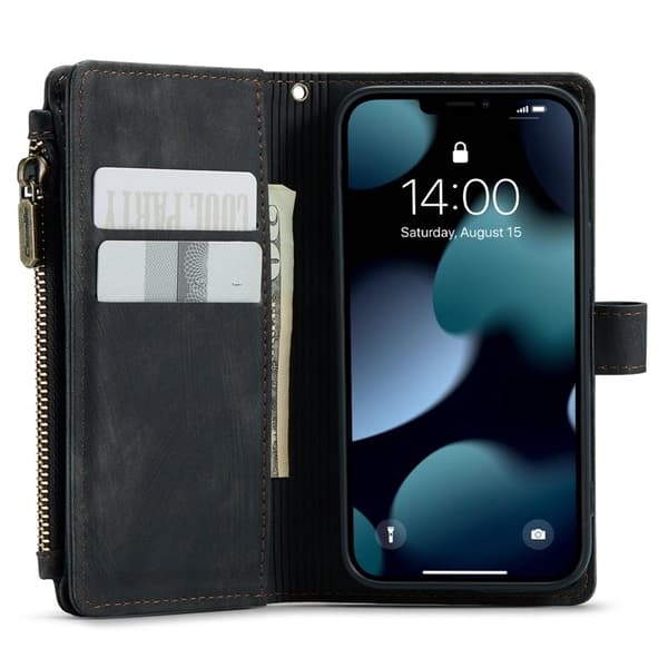 CASEME Konstläder Plånboksfodral för iPhone 13 mini med rem - Svart