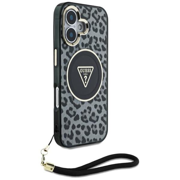 Guess telefontaske til iPhone 16 MagSafe IML Leopard trekantsrem - sort Black
