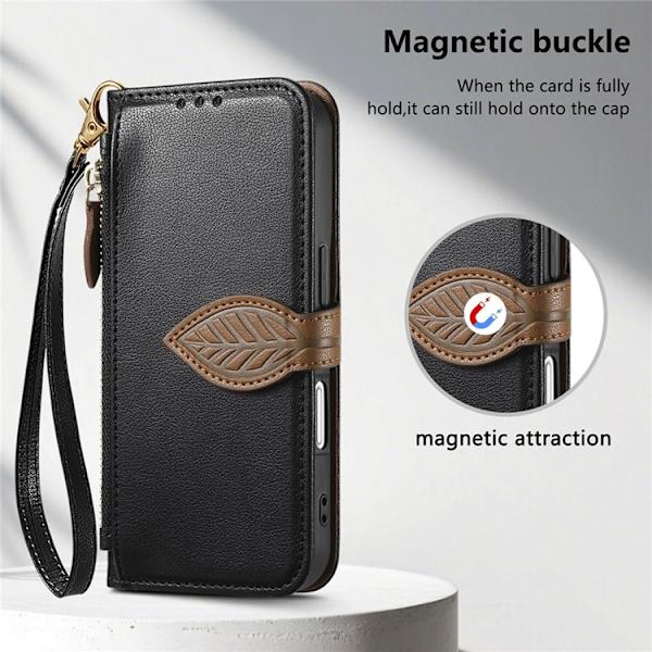 iPhone 17 Plånboksfodral Leaf Magnetiskt Spänne Konstläder Svart