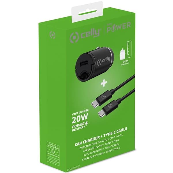 Celly Biloplader Mini USB-C Med Kabel - Sort Black