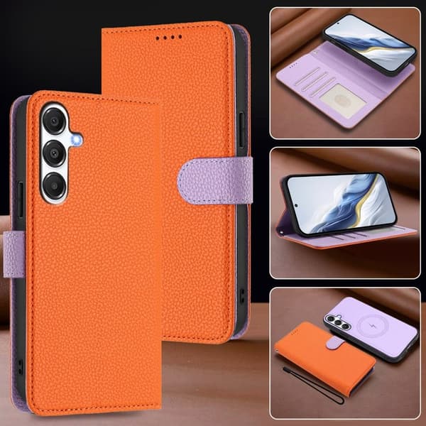 Samsung Galaxy A55 5G Plånboksfodral Konstläder Magnetiskt - Orange/Purple