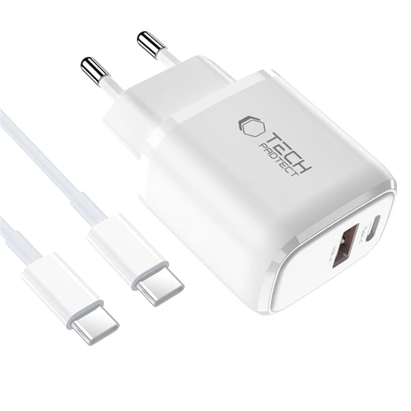 Tech-Protect 2-Port hurtigoplader 45W QC3.0 NCA45W-GAN med kabel Vit