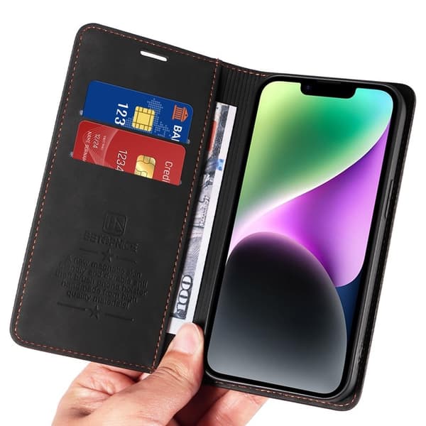 BETOPNICE 003 iPhone 15 Plus Plånboksfodral Konstläder - Svart