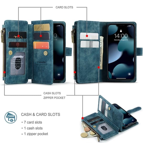 CASEME Konstläder Plånboksfodral för iPhone 13 mini med rem - Grön