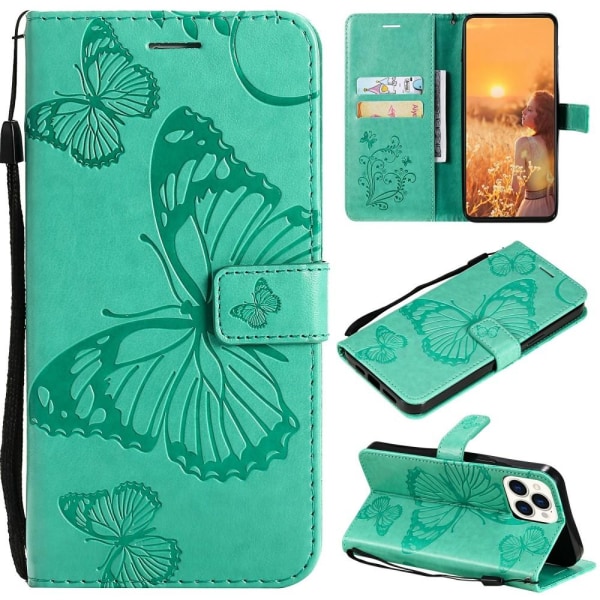 Butterflies lompakkokotelo iPhone 13 Pro Max - turkoosi