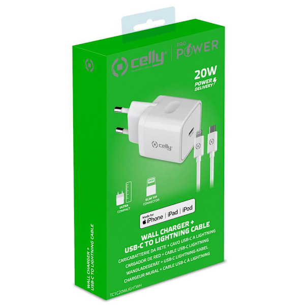 Celly - USB oplader USB-C PD 20W + Lightning kabel