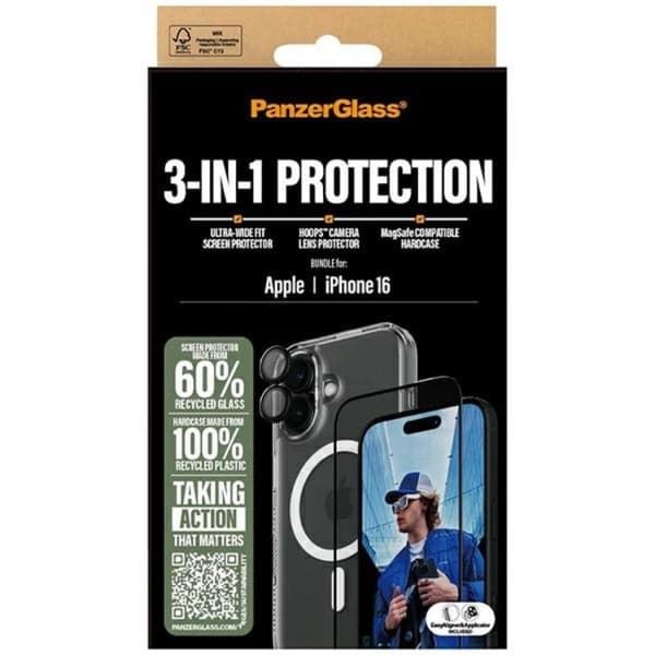 PanzerGlass 3-in-1 Skyddspaket iPhone 16 Transparent